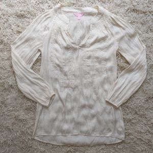 Lily Pulitzer silk peasant blouse; embroidered & smocked; size XS